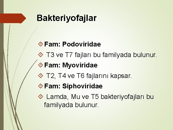 Bakteriyofajlar Fam: Podoviridae T 3 ve T 7 fajları bu familyada bulunur. Fam: Myoviridae