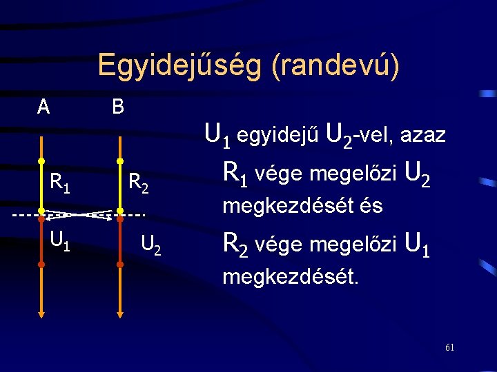 Egyidejűség (randevú) A B R 1 U 1 R 2 U 1 egyidejű U