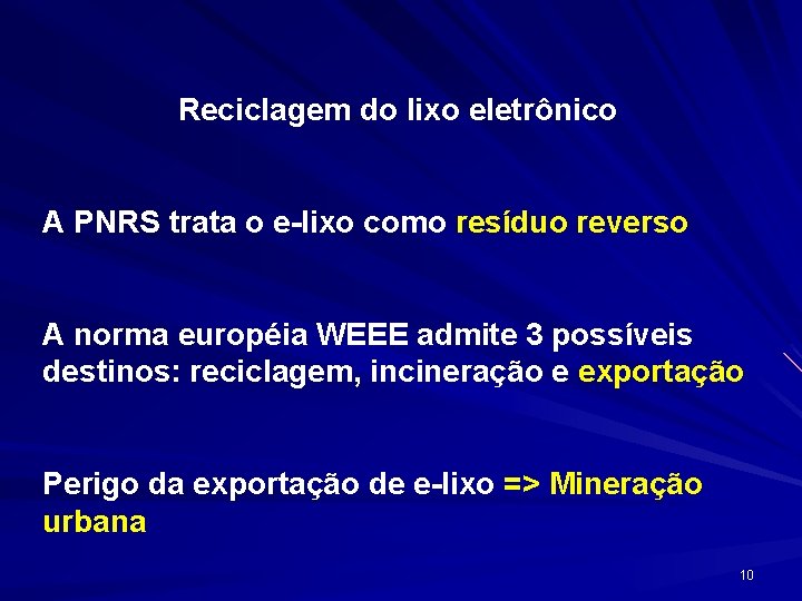 Reciclagem do lixo eletrônico A PNRS trata o e-lixo como resíduo reverso A norma