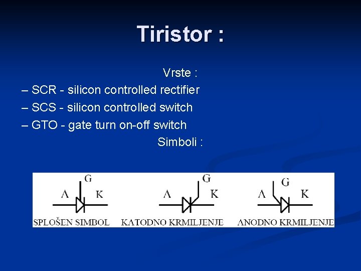 Tiristor : Vrste : – SCR - silicon controlled rectifier – SCS - silicon