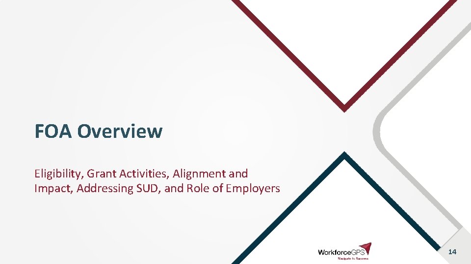 FOA Overview Eligibility, Grant Activities, Alignment and Impact, Addressing SUD, and Role of Employers