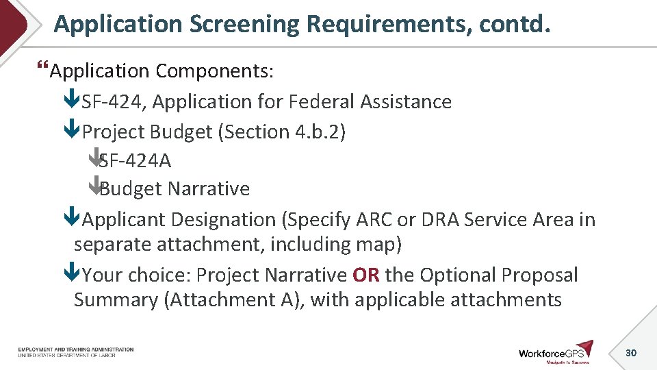 Application Screening Requirements, contd. Application Components: SF-424, Application for Federal Assistance Project Budget (Section