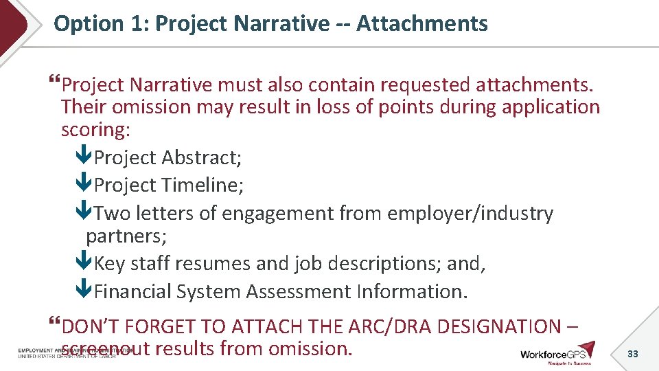 Option 1: Project Narrative -- Attachments Project Narrative must also contain requested attachments. Their