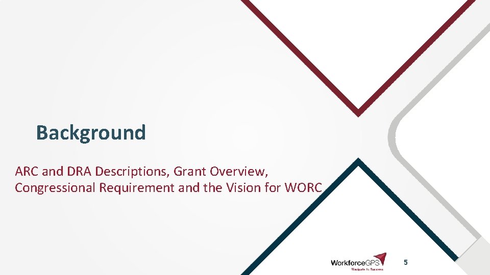 Background ARC and DRA Descriptions, Grant Overview, Congressional Requirement and the Vision for WORC