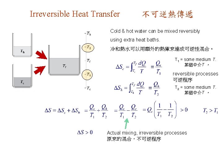 Irreversible Heat Transfer 不可逆熱傳遞 Cold & hot water can be mixed reversibly using extra
