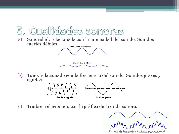 5. Cualidades sonoras a) Sonoridad: relacionada con la intensidad del sonido. Sonidos fuertes débiles.