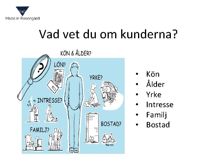 Vad vet du om kunderna? • • • Kön Ålder Yrke Intresse Familj Bostad