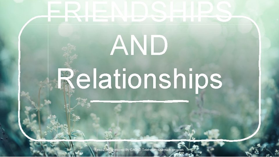 FRIENDSHIPS AND Relationships Resource Developed By CACND Telehealth Outreach program 