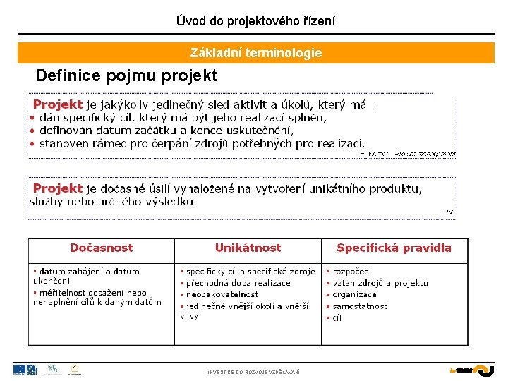 Úvod do projektového řízení Základní terminologie Definice pojmu projekt INVESTICE DO ROZVOJE VZDĚLÁVÁNÍ 