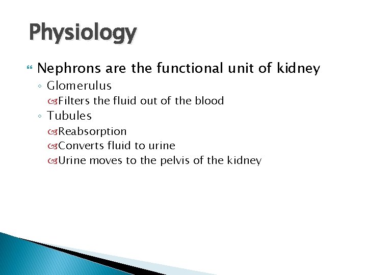 Physiology Nephrons are the functional unit of kidney ◦ Glomerulus Filters the fluid out