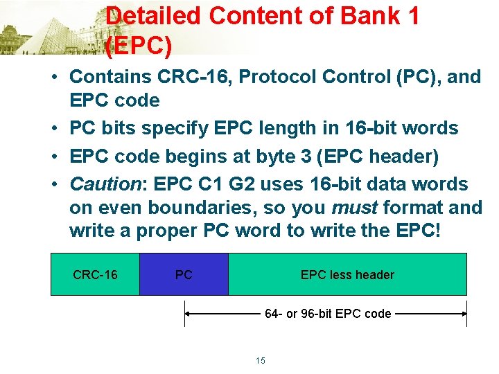 Detailed Content of Bank 1 (EPC) • Contains CRC-16, Protocol Control (PC), and EPC