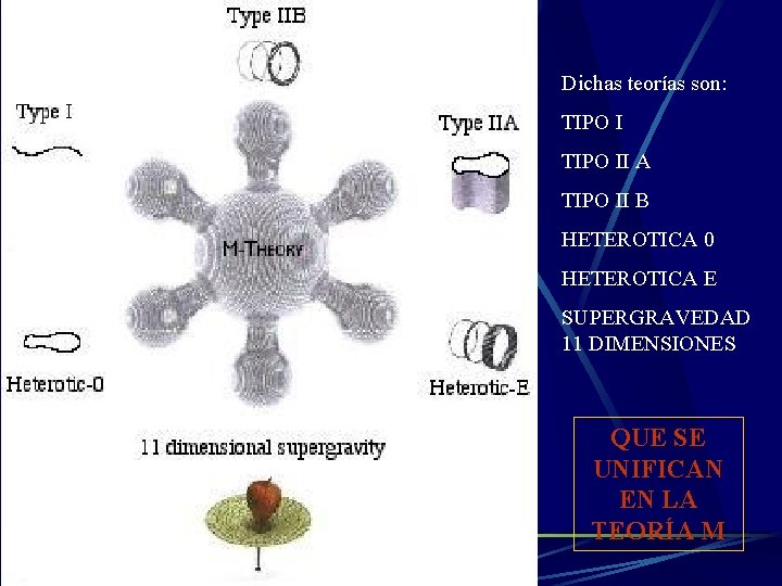 Dichas teorías son: TIPO II A TIPO II B HETEROTICA 0 HETEROTICA E SUPERGRAVEDAD