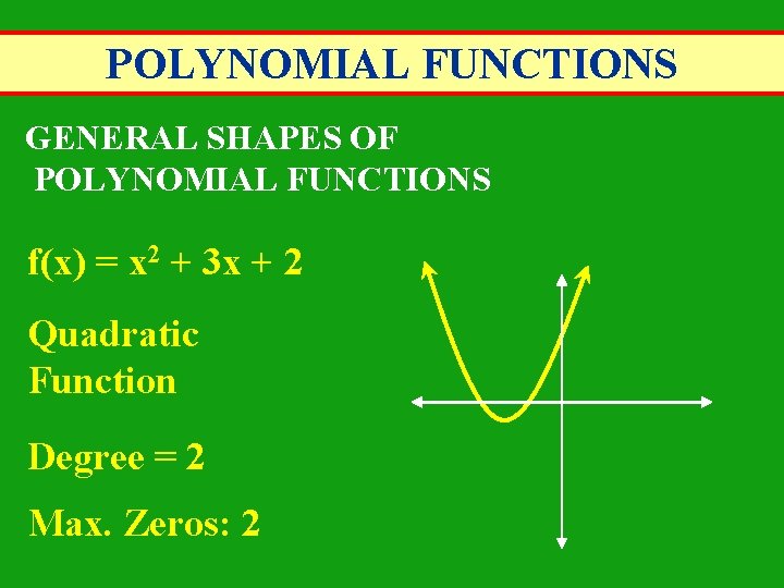 POLYNOMIAL FUNCTIONS GENERAL SHAPES OF POLYNOMIAL FUNCTIONS f(x) = x 2 + 3 x