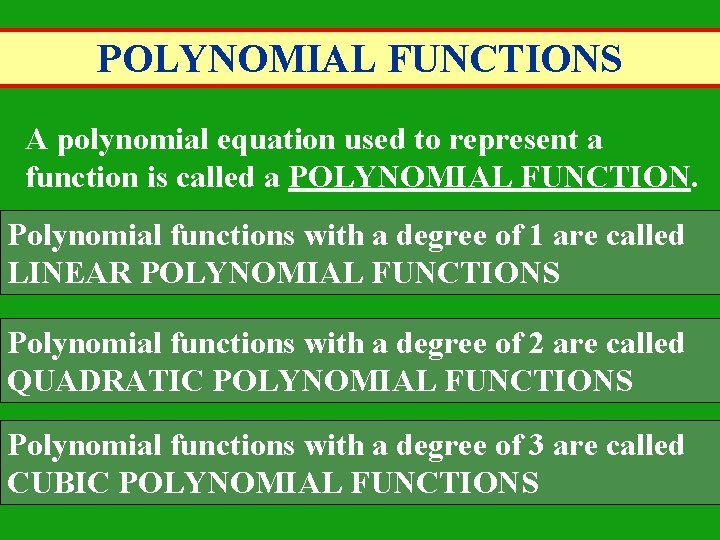 POLYNOMIAL FUNCTIONS A polynomial equation used to represent a function is called a POLYNOMIAL