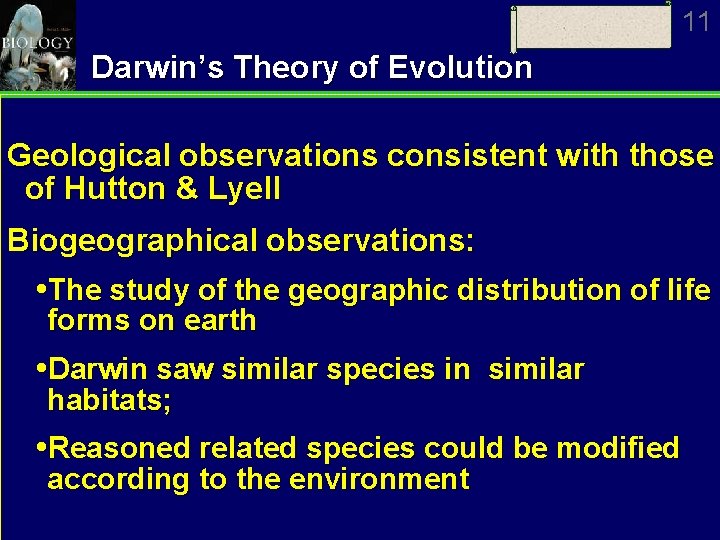 11 Darwin’s Theory of Evolution Geological observations consistent with those of Hutton & Lyell