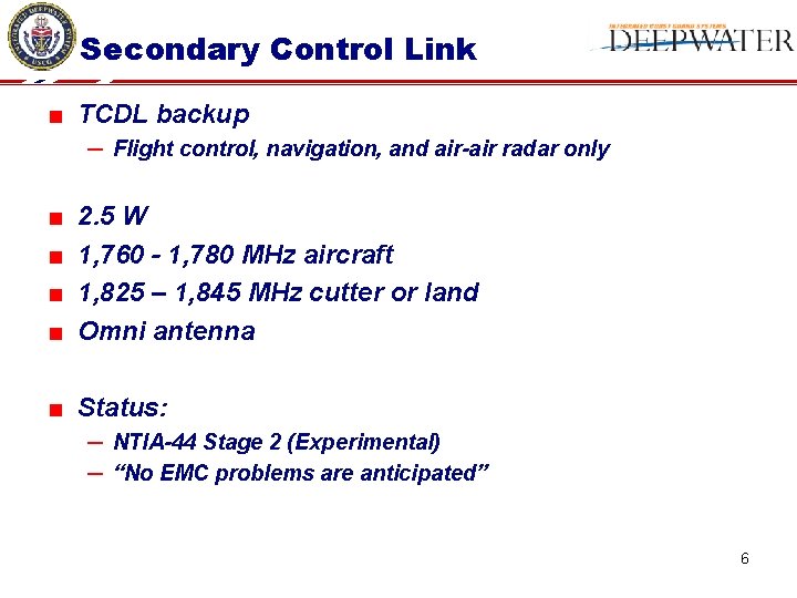 Secondary Control Link ■ TCDL backup ─ Flight control, navigation, and air-air radar only
