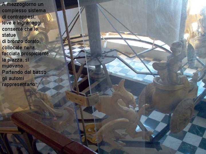 A mezzogiorno un complesso sistema di contrappesi, leve e ingranaggi consente che le statue