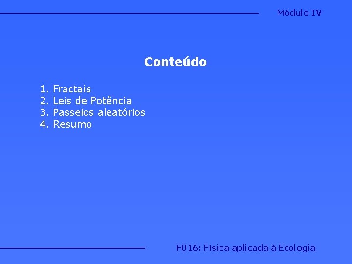 Módulo IV Conteúdo 1. 2. 3. 4. Fractais Leis de Potência Passeios aleatórios Resumo