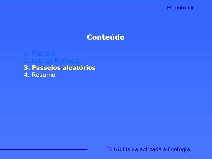 Módulo IV Conteúdo 1. Fractais 2. Leis de Potência 3. Passeios aleatórios 4. Resumo