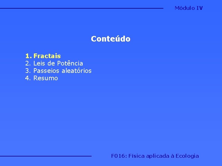 Módulo IV Conteúdo 1. Fractais 2. Leis de Potência 3. Passeios aleatórios 4. Resumo