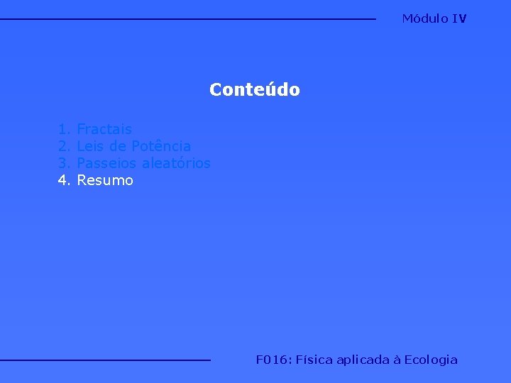 Módulo IV Conteúdo 1. 2. 3. 4. Fractais Leis de Potência Passeios aleatórios Resumo