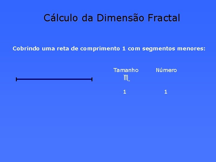 Cálculo da Dimensão Fractal Cobrindo uma reta de comprimento 1 com segmentos menores: Tamanho
