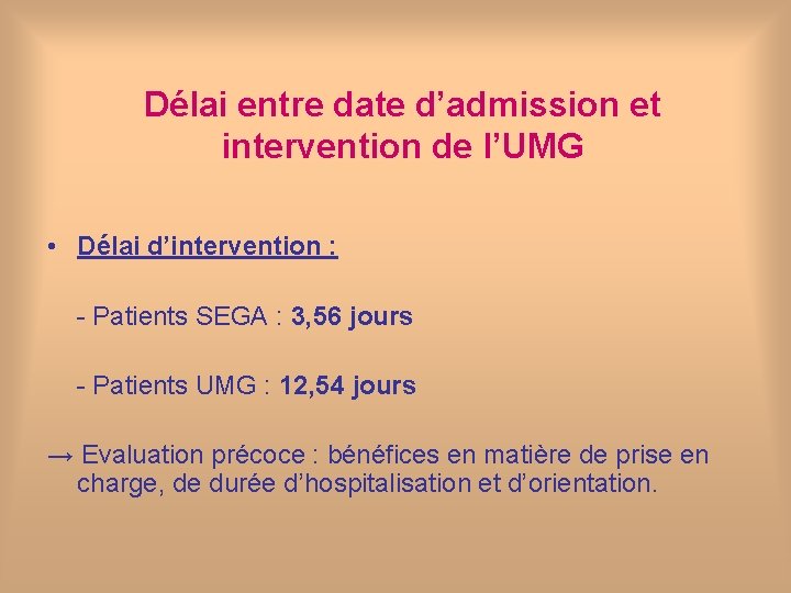 Délai entre date d’admission et intervention de l’UMG • Délai d’intervention : - Patients