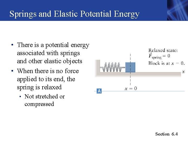 Springs and Elastic Potential Energy • There is a potential energy associated with springs Springs and Elastic Potential Energy • There is a potential energy associated with springs