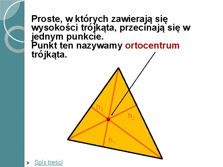 Proste, w których zawierają się wysokości trójkąta, przecinają się w jednym punkcie. Punkt ten Proste, w których zawierają się wysokości trójkąta, przecinają się w jednym punkcie. Punkt ten