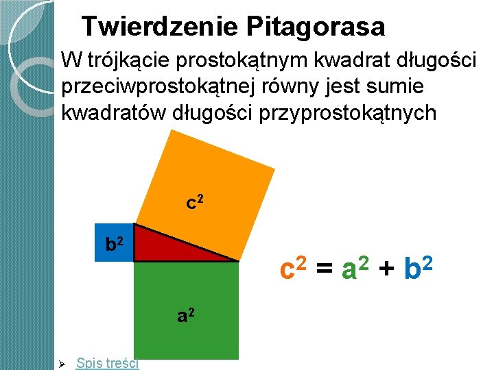 Twierdzenie Pitagorasa W trójkącie prostokątnym kwadrat długości przeciwprostokątnej równy jest sumie kwadratów długości przyprostokątnych Twierdzenie Pitagorasa W trójkącie prostokątnym kwadrat długości przeciwprostokątnej równy jest sumie kwadratów długości przyprostokątnych