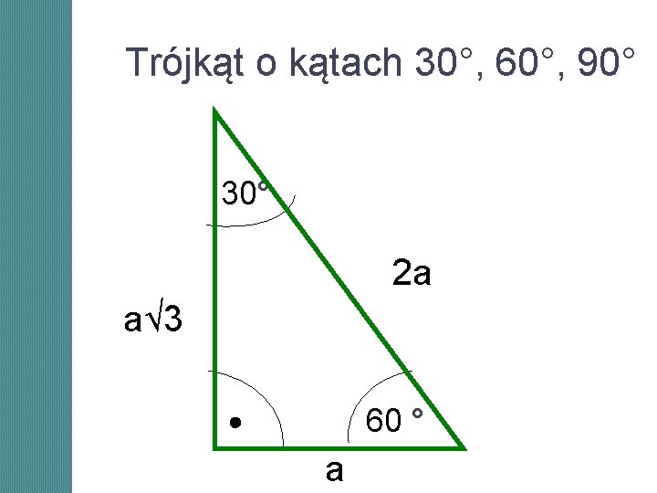 Trójkąt o kątach 30°, 60°, 90° 30° 2 a a√ 3 60 ° a Trójkąt o kątach 30°, 60°, 90° 30° 2 a a√ 3 60 ° a