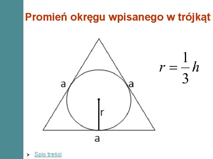 Promień okręgu wpisanego w trójkąt Ø Spis treści Promień okręgu wpisanego w trójkąt Ø Spis treści