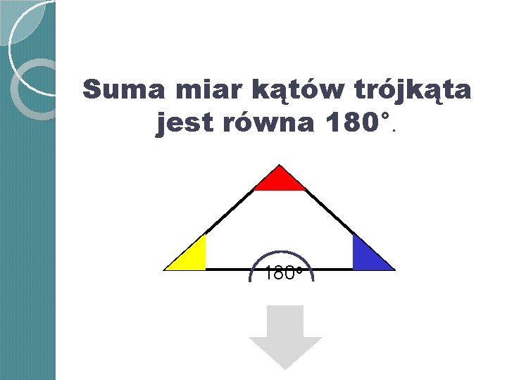 Suma miar kątów trójkąta jest równa 180°. 180 o Suma miar kątów trójkąta jest równa 180°. 180 o