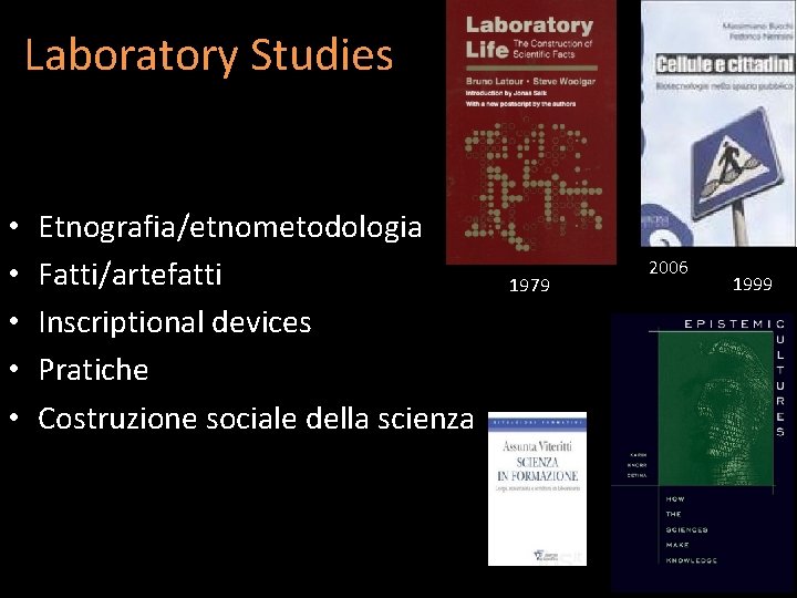 Laboratory Studies • • • Etnografia/etnometodologia Fatti/artefatti Inscriptional devices Pratiche Costruzione sociale della scienza