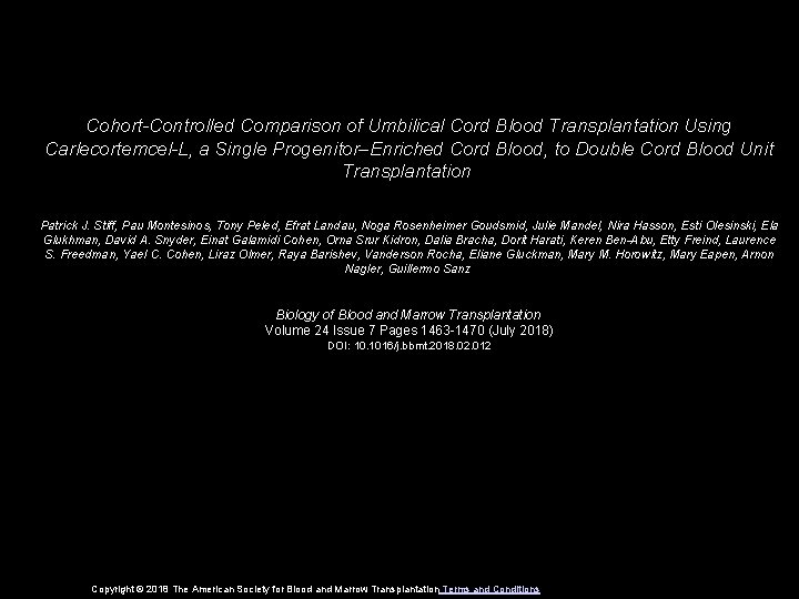 Cohort-Controlled Comparison of Umbilical Cord Blood Transplantation Using Carlecortemcel-L, a Single Progenitor–Enriched Cord Blood,
