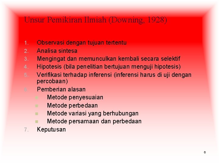 Unsur Pemikiran Ilmiah (Downing, 1928) 1. 2. 3. 4. 5. 6. 7. Observasi dengan
