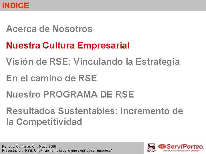 INDICE Acerca de Nosotros Nuestra Cultura Empresarial Visión de RSE: Vinculando la Estrategia En