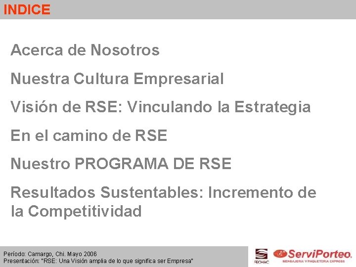 INDICE Acerca de Nosotros Nuestra Cultura Empresarial Visión de RSE: Vinculando la Estrategia En