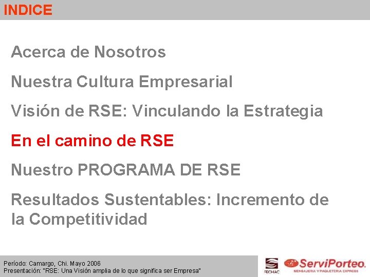 INDICE Acerca de Nosotros Nuestra Cultura Empresarial Visión de RSE: Vinculando la Estrategia En