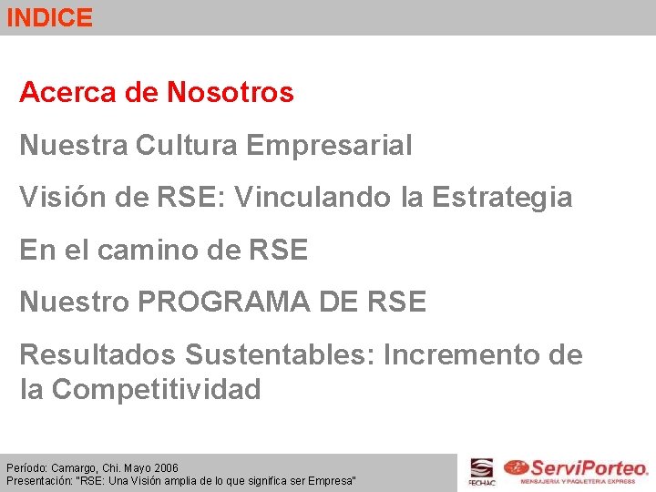 INDICE Acerca de Nosotros Nuestra Cultura Empresarial Visión de RSE: Vinculando la Estrategia En
