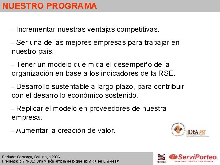 NUESTRO PROGRAMA - Incrementar nuestras ventajas competitivas. - Ser una de las mejores empresas