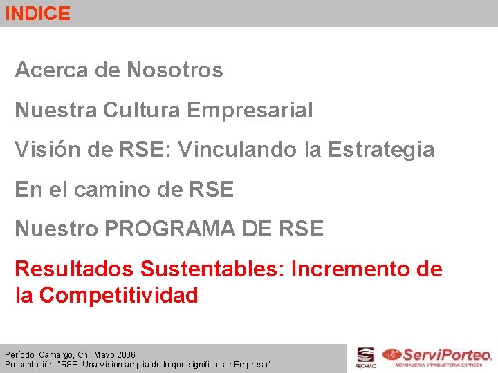 INDICE Acerca de Nosotros Nuestra Cultura Empresarial Visión de RSE: Vinculando la Estrategia En