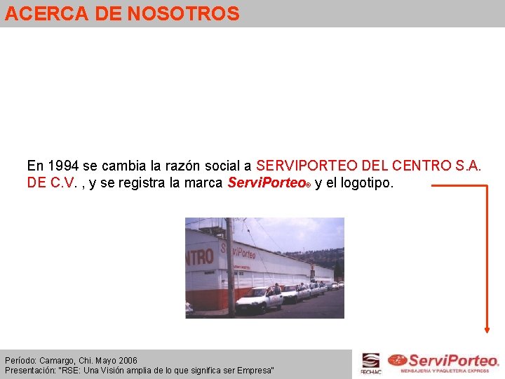 ACERCA DE NOSOTROS En 1994 se cambia la razón social a SERVIPORTEO DEL CENTRO