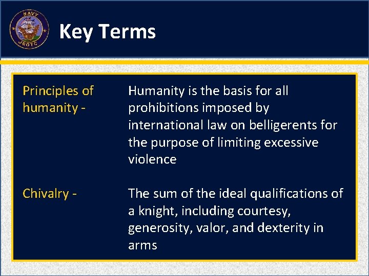 Key Terms Principles of humanity - Humanity is the basis for all prohibitions imposed Key Terms Principles of humanity - Humanity is the basis for all prohibitions imposed