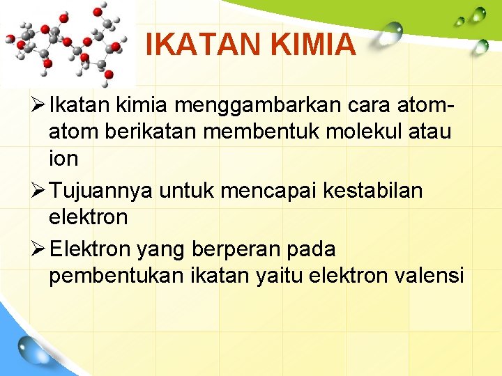 IKATAN KIMIA Ø Ikatan kimia menggambarkan cara atom berikatan membentuk molekul atau ion Ø
