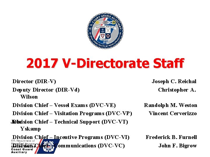 2017 V-Directorate Staff Director (DIR-V) Deputy Director (DIR-Vd) Wilson Division Chief – Vessel Exams