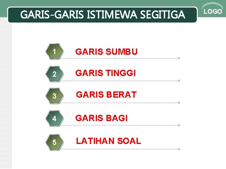 GARIS-GARIS ISTIMEWA SEGITIGA 1 GARIS SUMBU 2 GARIS TINGGI 3 GARIS BERAT 4 GARIS