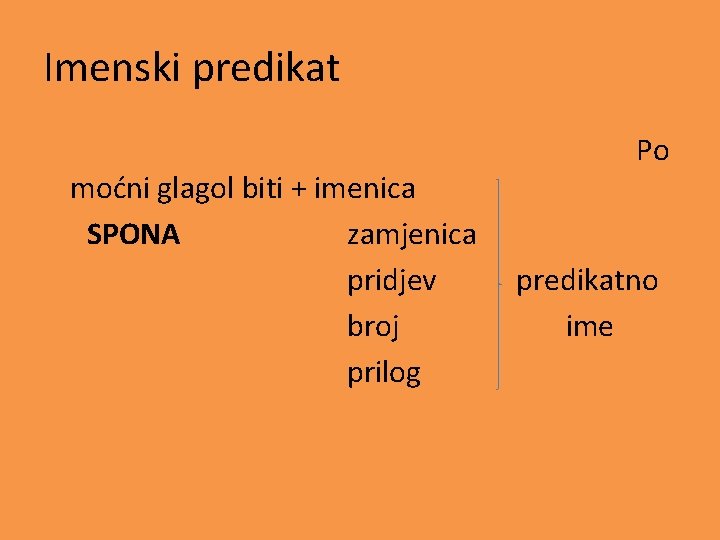 Imenski predikat moćni glagol biti + imenica SPONA zamjenica pridjev broj prilog Po predikatno