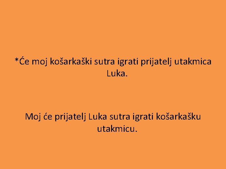 *Će moj košarkaški sutra igrati prijatelj utakmica Luka. Moj će prijatelj Luka sutra igrati