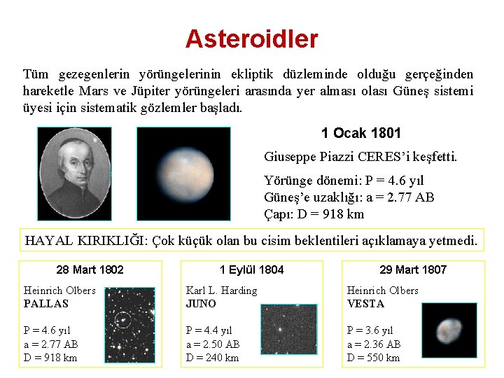Asteroidler Tüm gezegenlerin yörüngelerinin ekliptik düzleminde olduğu gerçeğinden hareketle Mars ve Jüpiter yörüngeleri arasında Asteroidler Tüm gezegenlerin yörüngelerinin ekliptik düzleminde olduğu gerçeğinden hareketle Mars ve Jüpiter yörüngeleri arasında